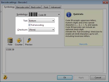 Settings of barcode 39 to generate