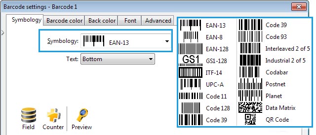 Barcode setting - Types of symbology