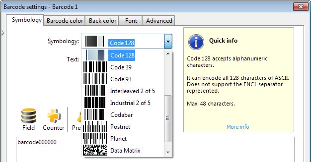 Select types of barcode